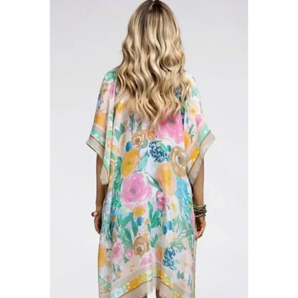 Beige Floral Print Contrast Border Spring Summer Kimono Open Wrap Coverup Top - Picture 4 of 5